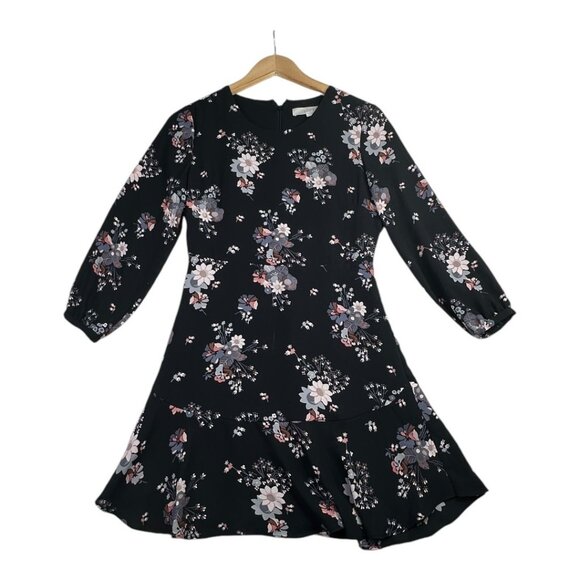 Loft Floral Flounce Long Sleeve Dress size 0P Black‎ AS IS - Picture 1 of 9